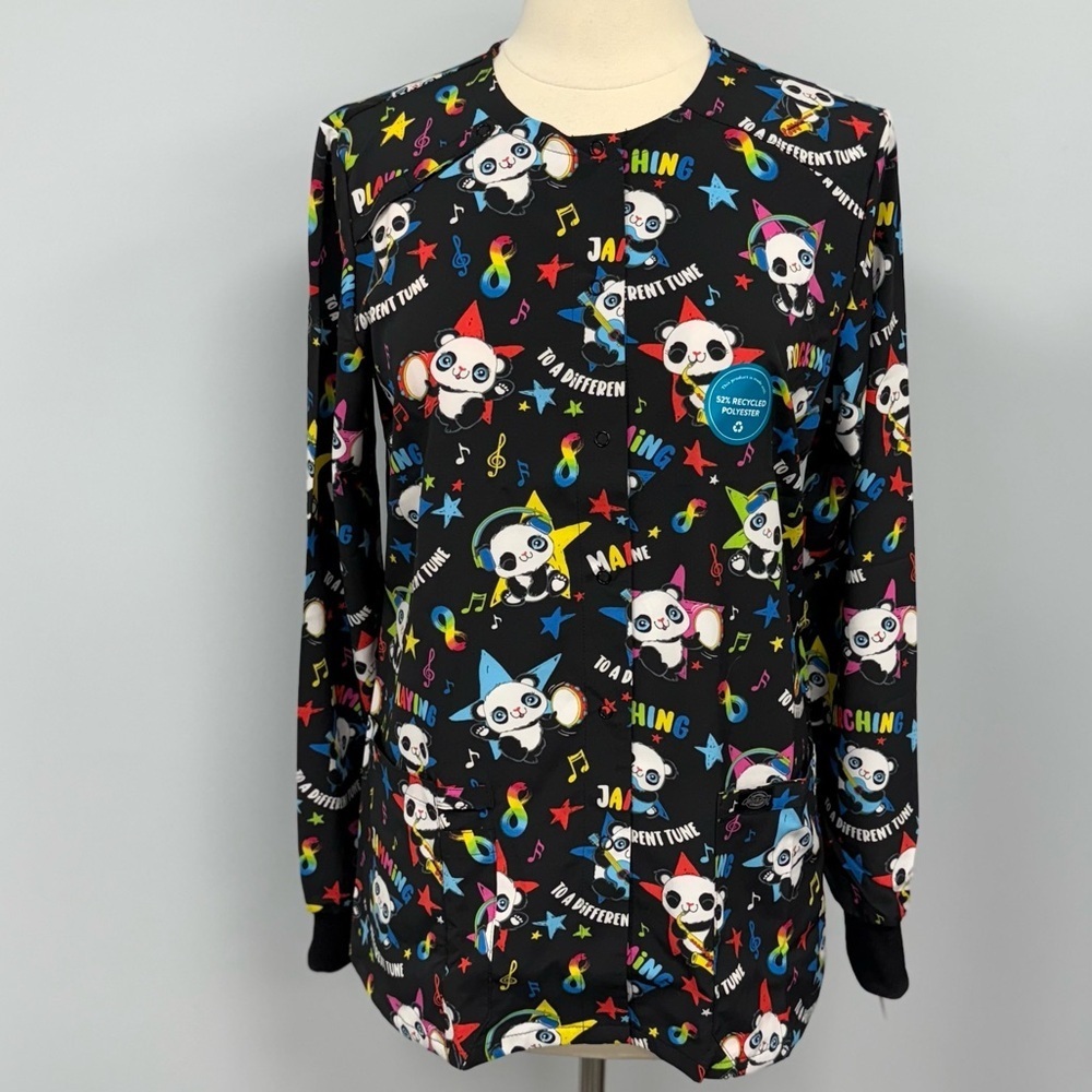 NWT Dickies Autism Awareness Scrub Jacket XS Black Rainbow Panda Warm Up Scrubs
